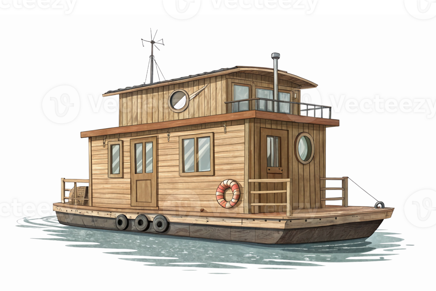 Detailed Wooden Houseboat Illustration with Scenic Water Background for Nautical Themes png
