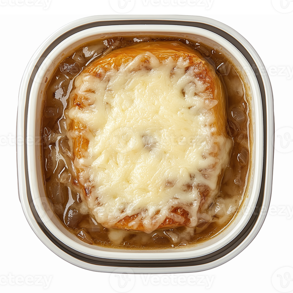 Delicious French Onion Soup with Melted Cheese and Crusty Bread in Ceramic Bowl png