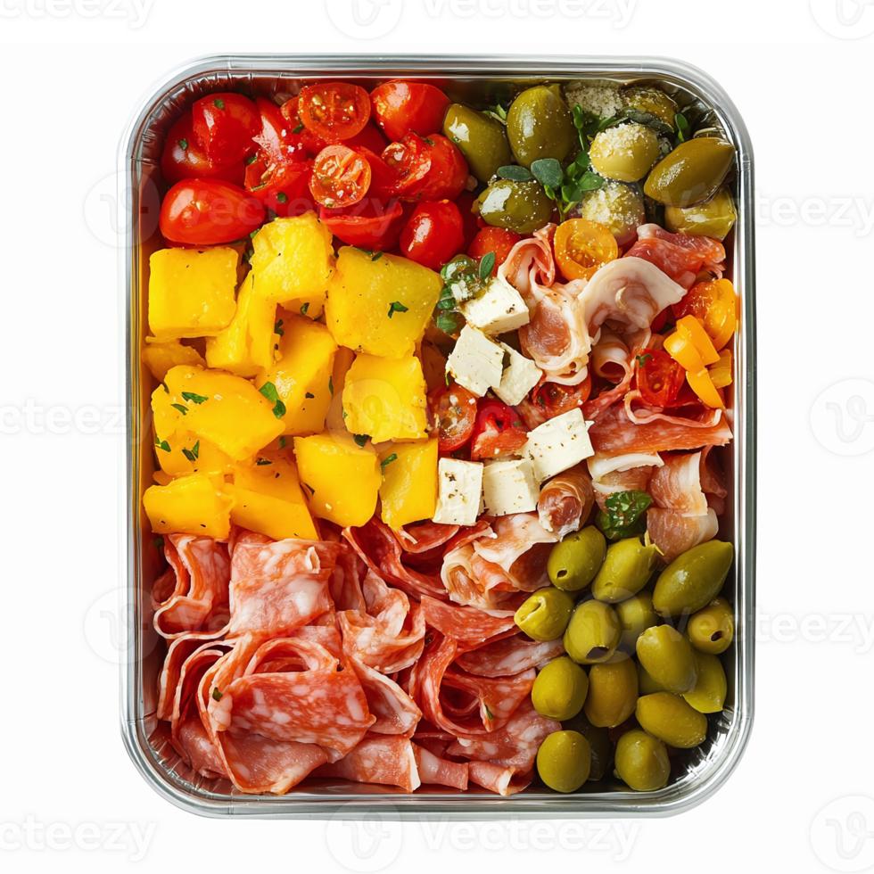 Colorful Charcuterie Board with Meats Cheese Olives Tomatoes and Pineapple for Appetizers png