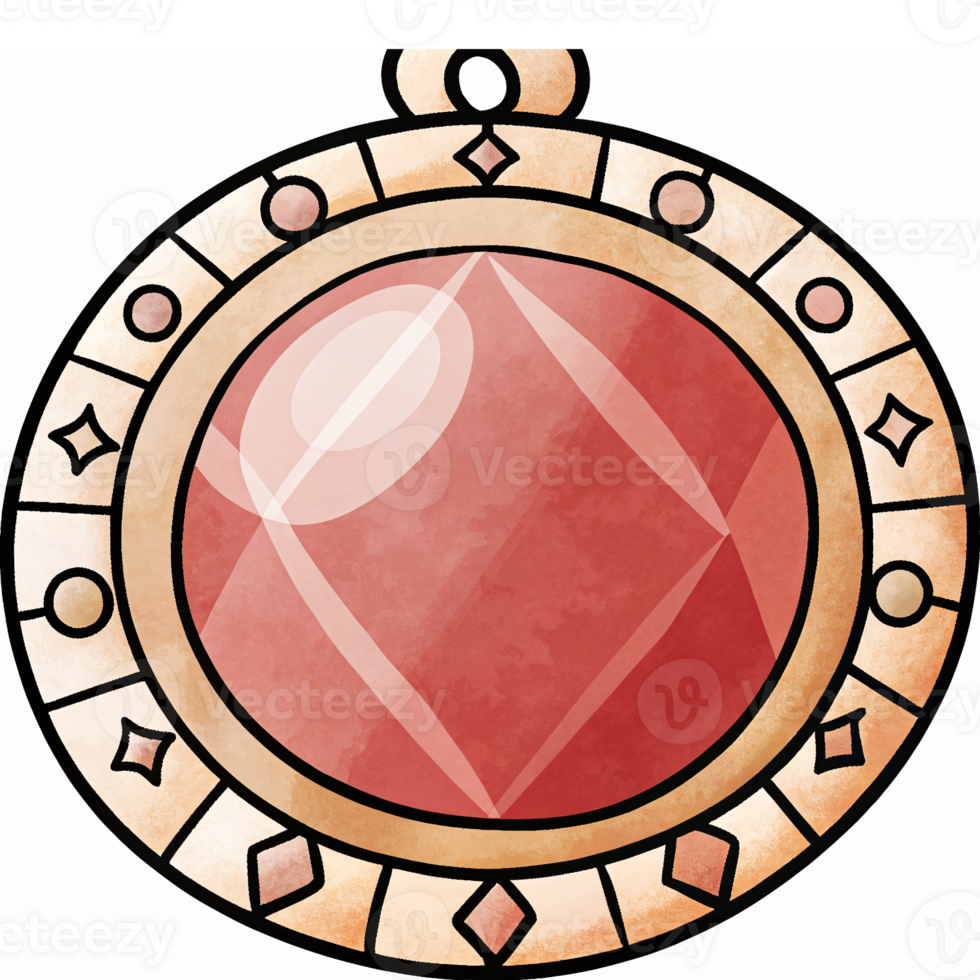 Elegant Vintage Gemstone Pendant with Intricate Golden Frame and Sparkling Red Jewel Center png
