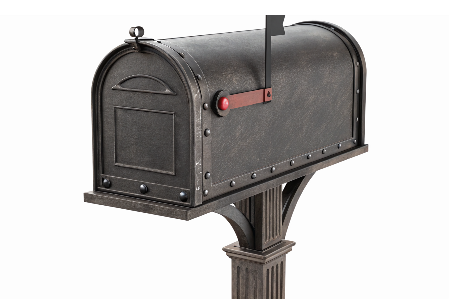 Vintage Black Mailbox with Red Flag on Post Exterior Decor and Communication Concept png