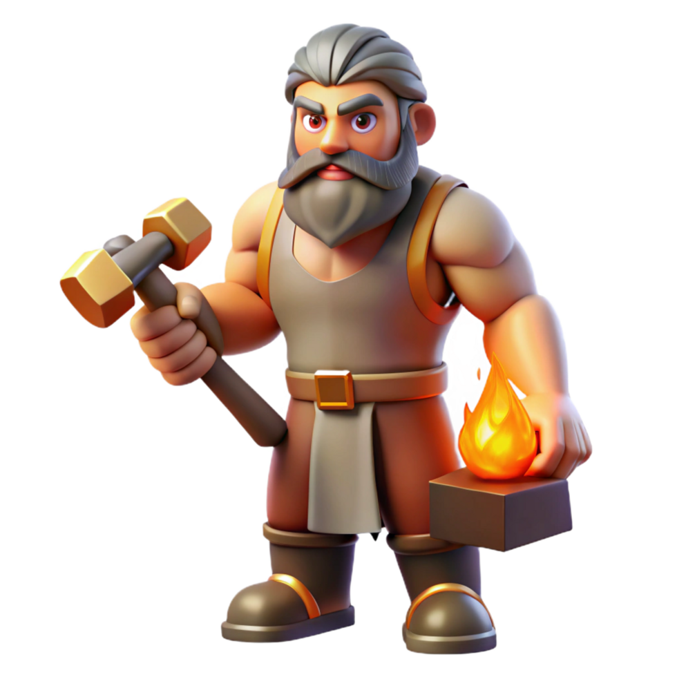 extraordinary artistic Hephaestus, God of Fire and Forge, holding hammer, high quality png