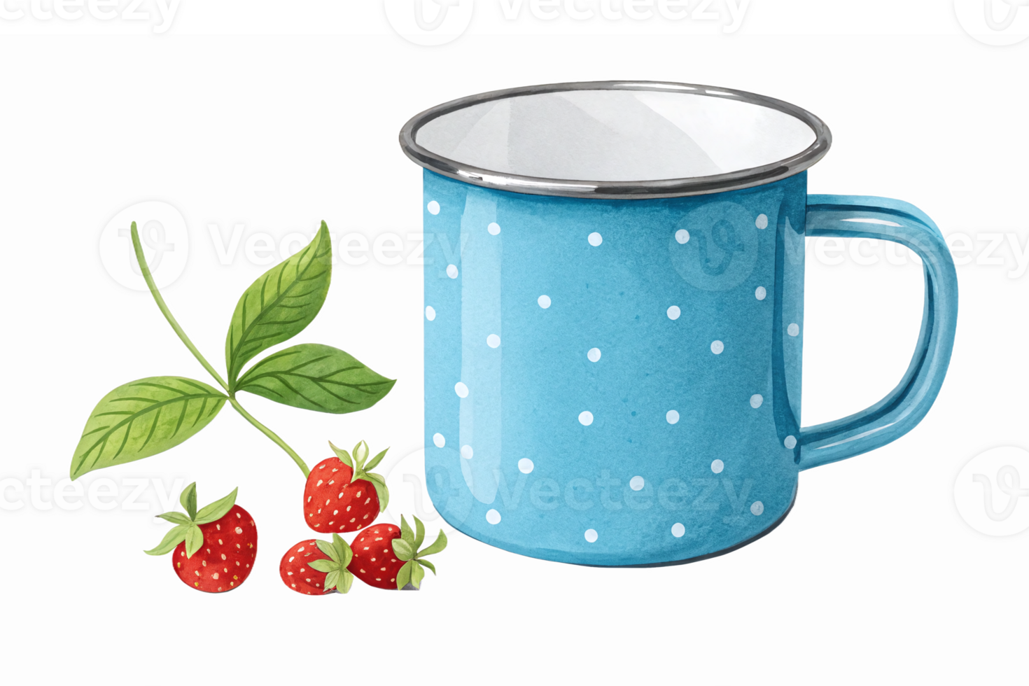 Blue Polka Dot Enamel Mug with Strawberries and Green Leaves on a Transparent Background png