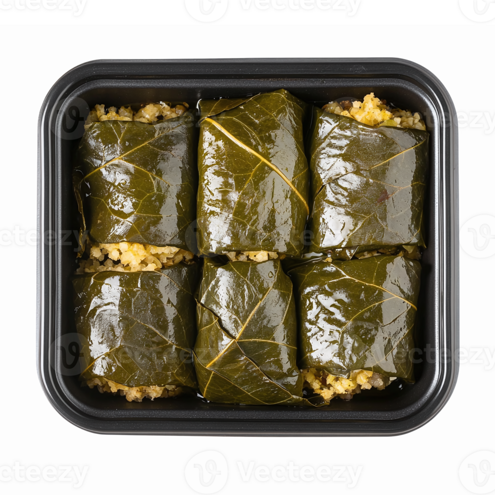 Delicious Stuffed Grape Leaves in a Black Container Ready for Serving png