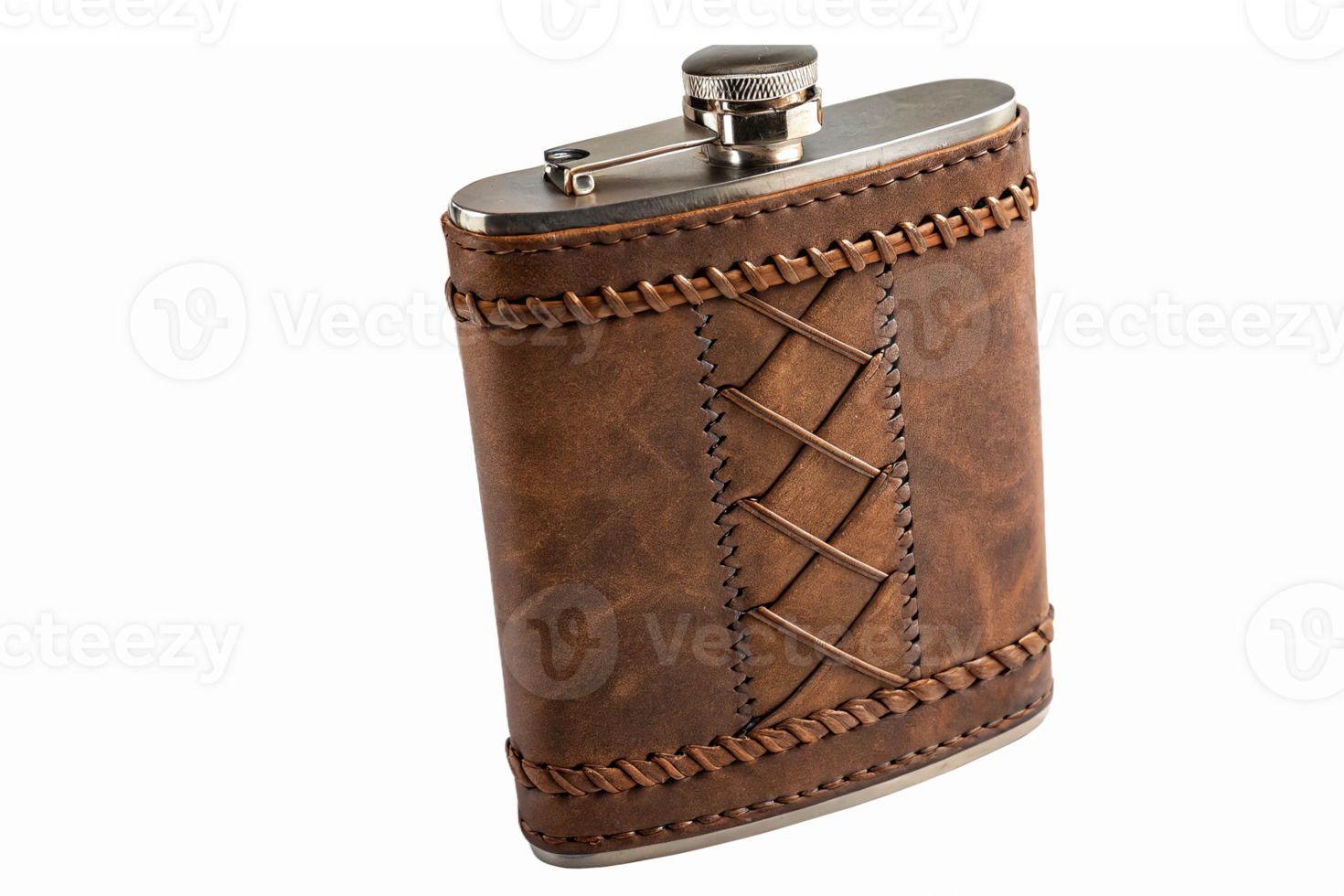 Vintage Leather Wrapped Flask with Intricate Stitching and Stainless Steel Top for Outdoor Events png