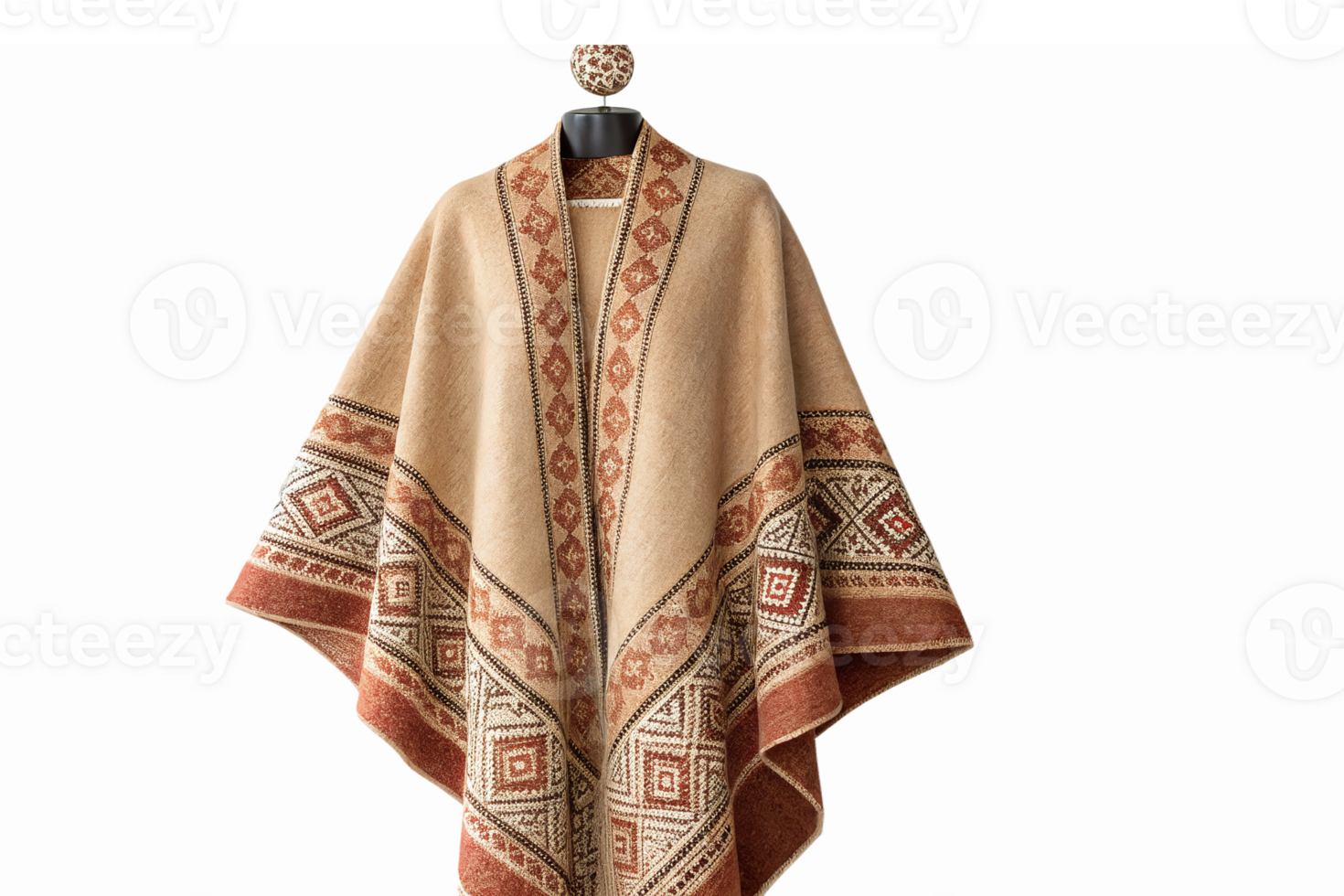 Elegant Brown Geometric Pattern Poncho with Warm Tones Suitable for Fashion and Winter Apparel png
