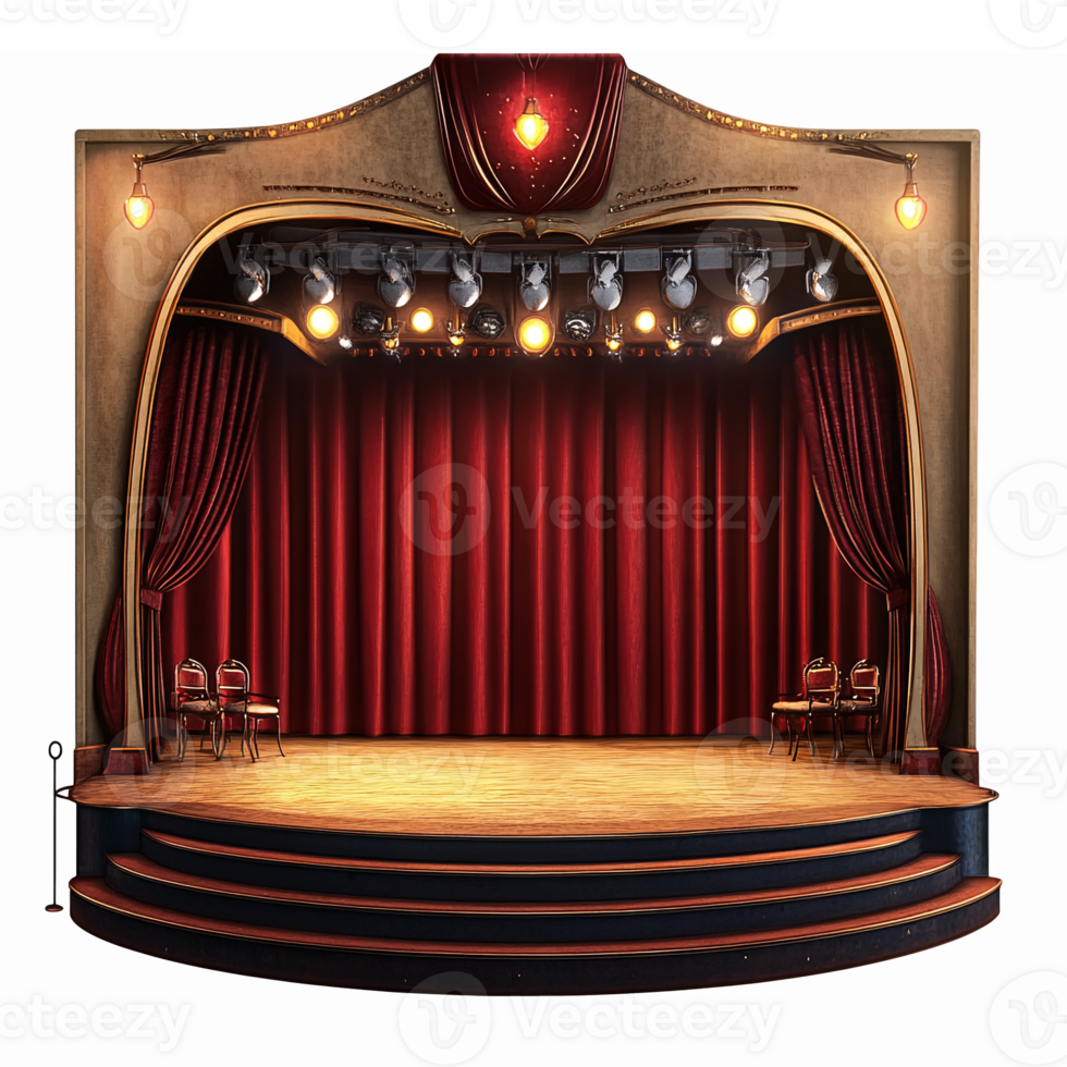 Theater Stage with Red Curtains Spotlight Lighting and Wooden Floor for Performances and Events png