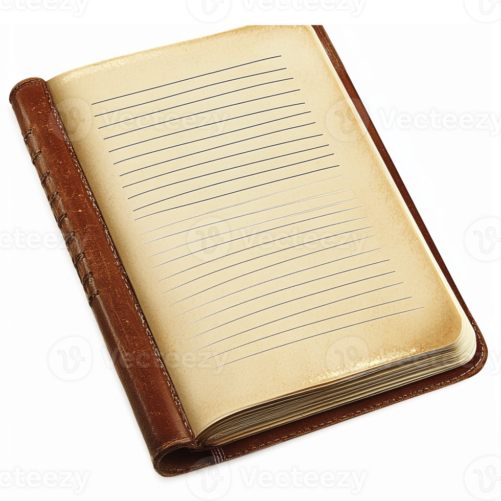 Open Leather Bound Notebook with Blank Lined Pages on Transparent Background png