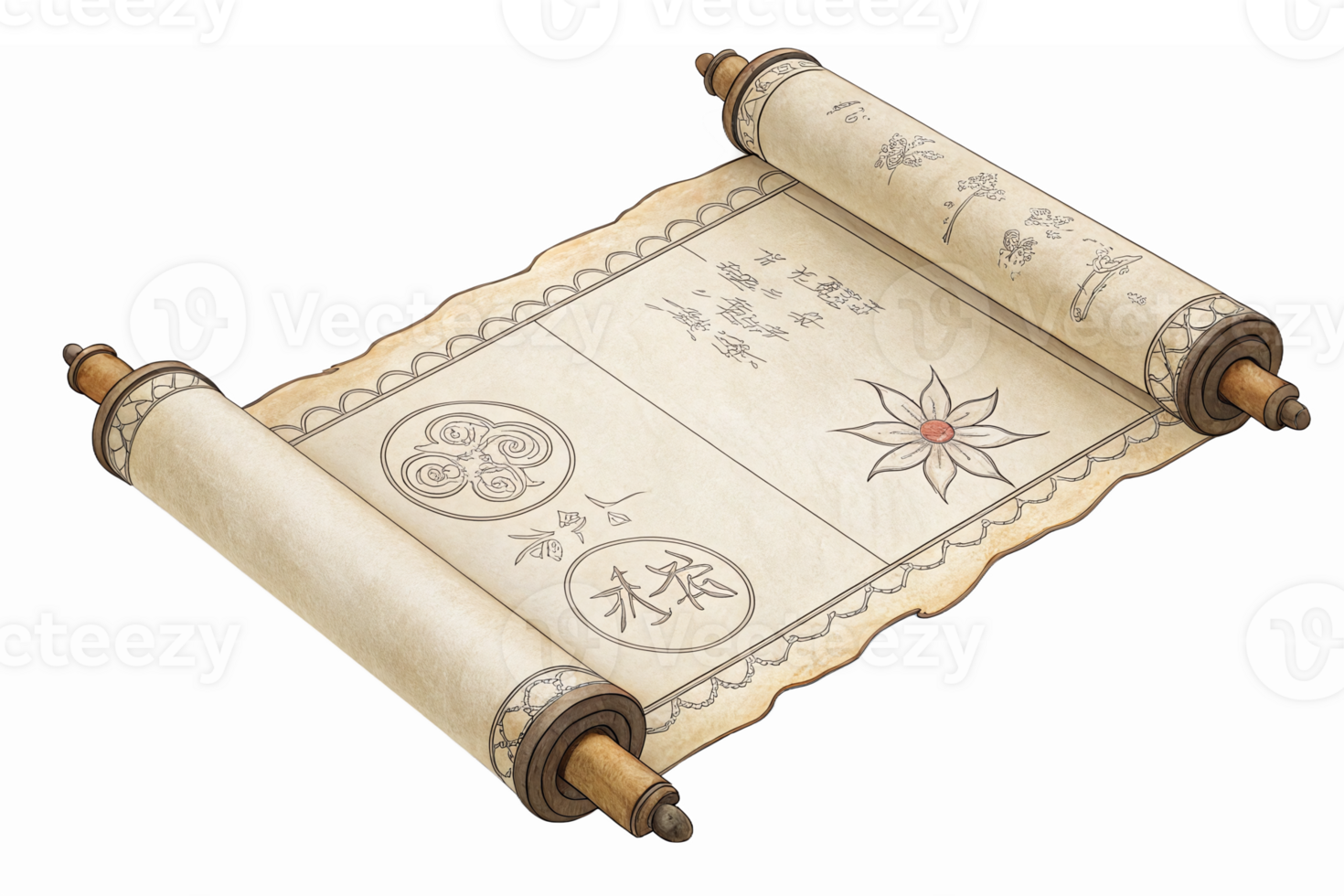 Ancient Manuscript Scroll with Decorative Symbols and Floral Design on Transparent Background png