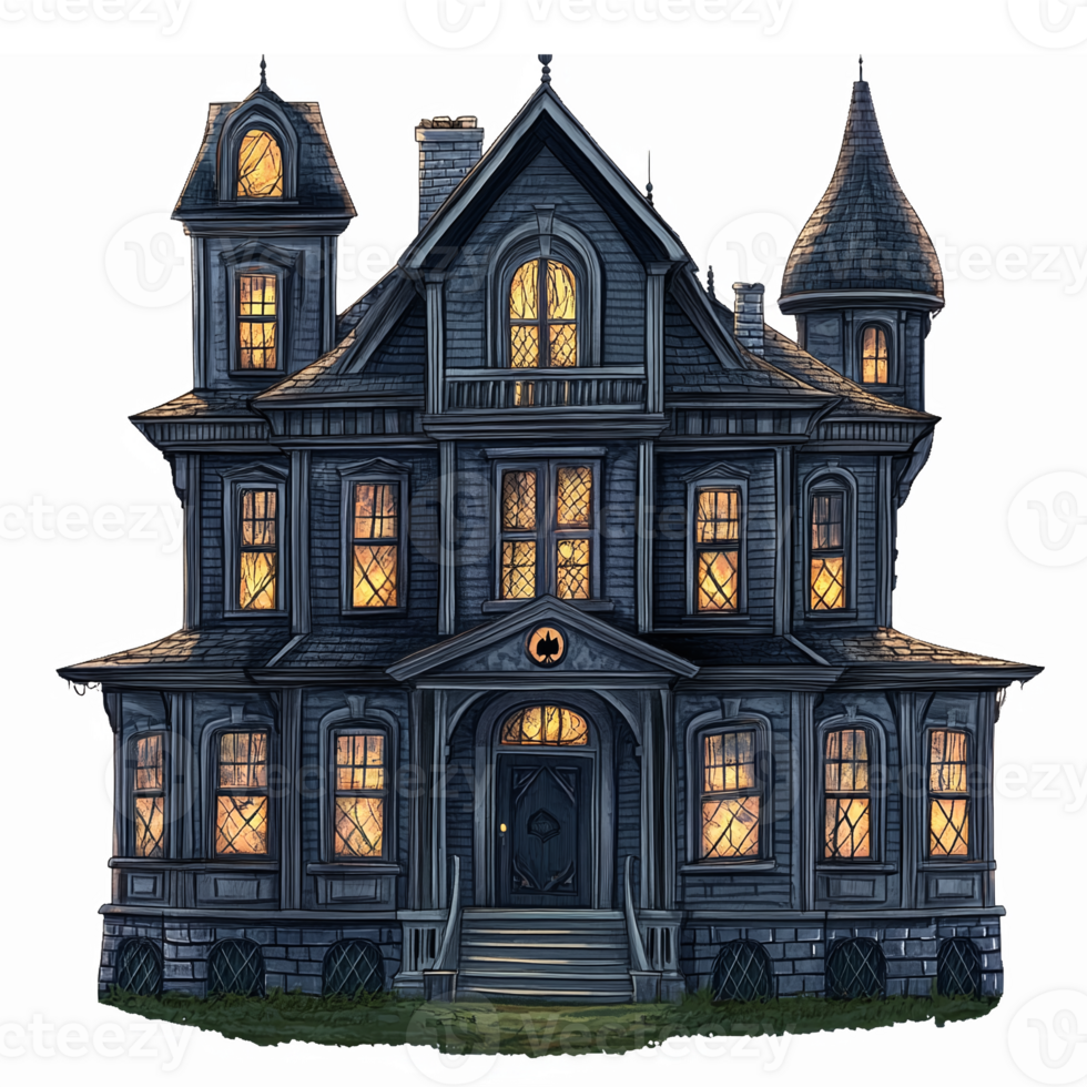 Haunted Victorian Mansion with Lit Windows and Spooky Details for Halloween Decor png