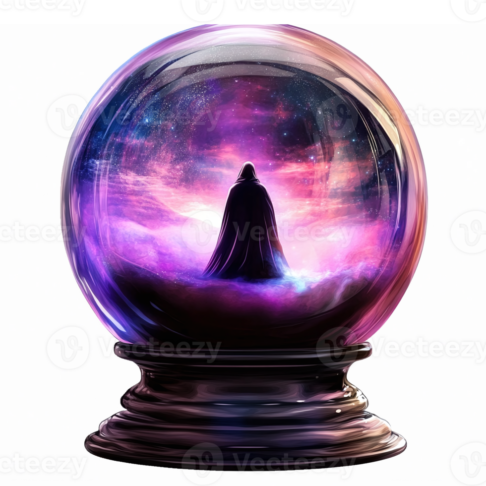 Mystical Crystal Ball with Cosmic Universe Background Featuring Cloaked Figure in Space png