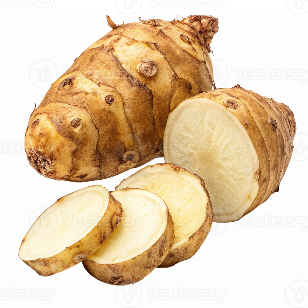 Fresh Sunchoke Vegetable with Whole and Sliced Cross Sections on Transparent Background png