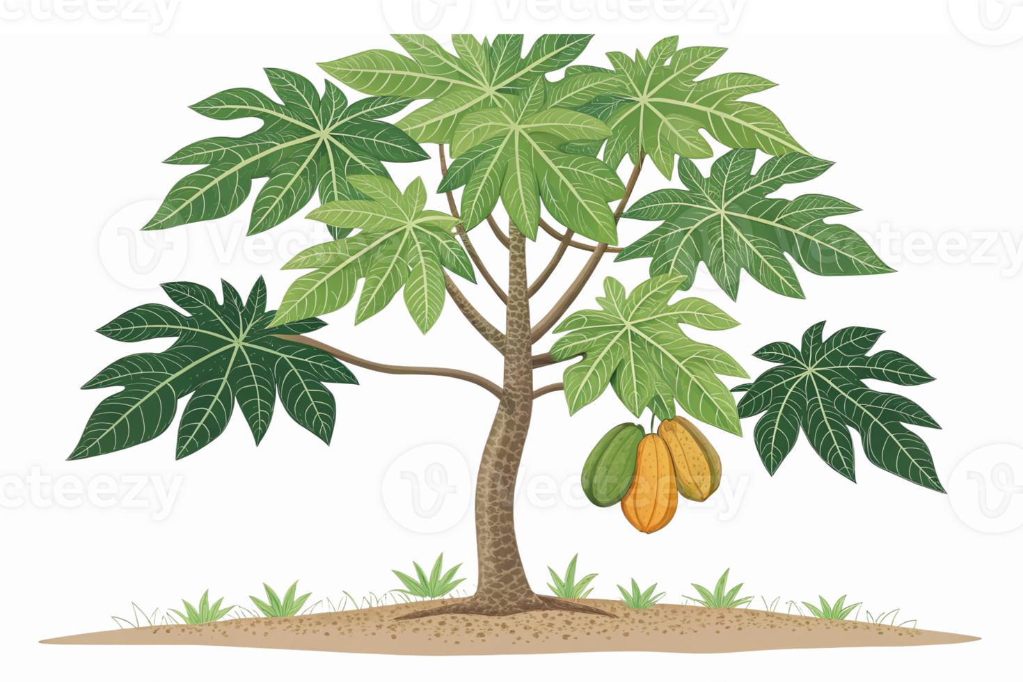 Papaya Tree with Lush Green Leaves and Ripe Fruit Illustration on Transparent Background png