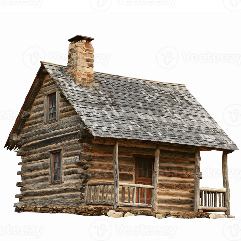 Rustic Log Cabin with Stone Chimney and Natural Wood Finish for Cozy Home Designs png
