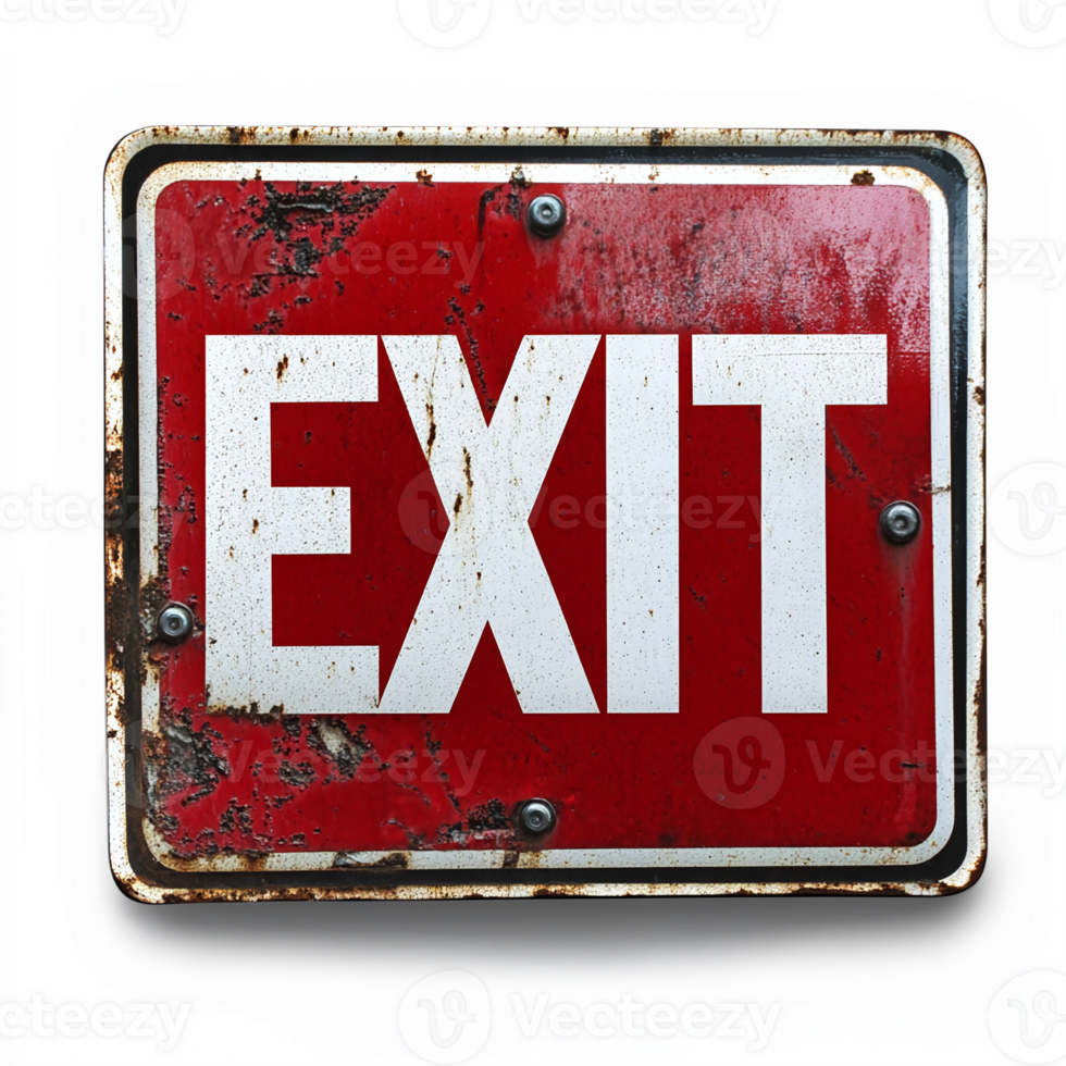 Vintage Weathered EXIT Sign with Red Background and Distressed Metal Frame for Safety Decor png