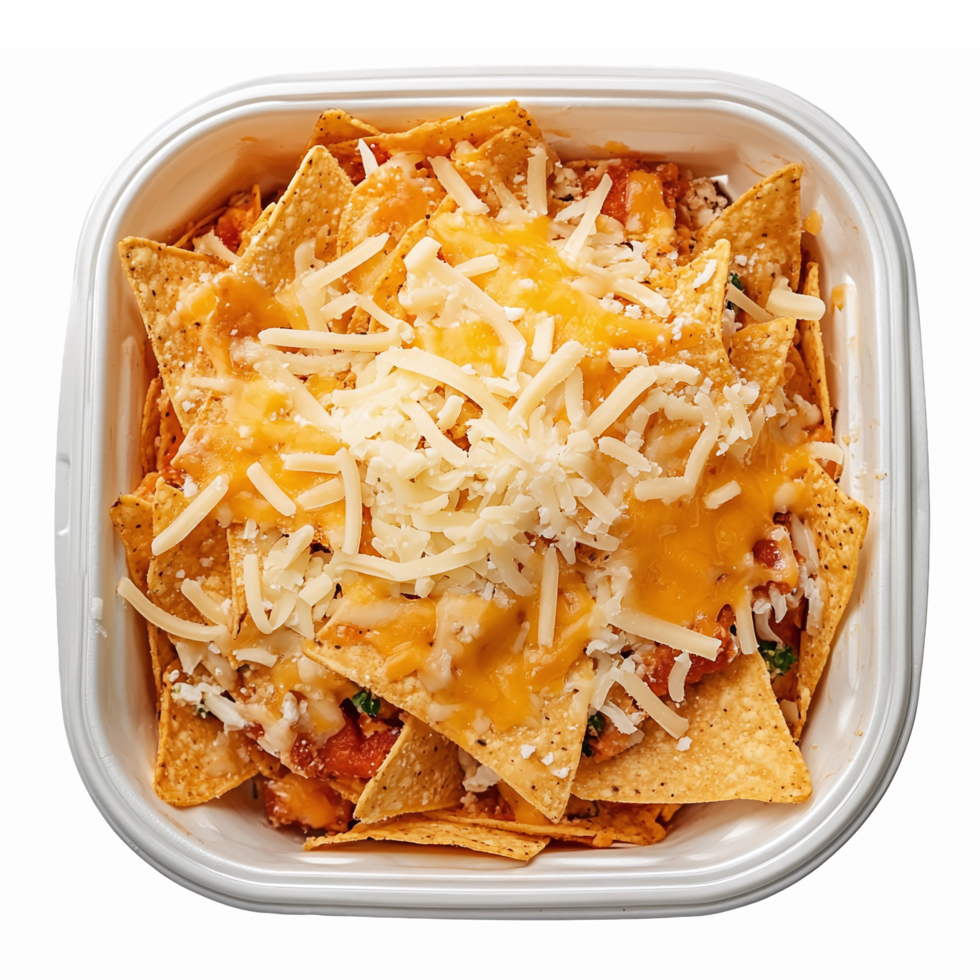 Delicious Cheesy Nachos in Container Loaded with Melted Cheese Toppings and Crispy Chips png