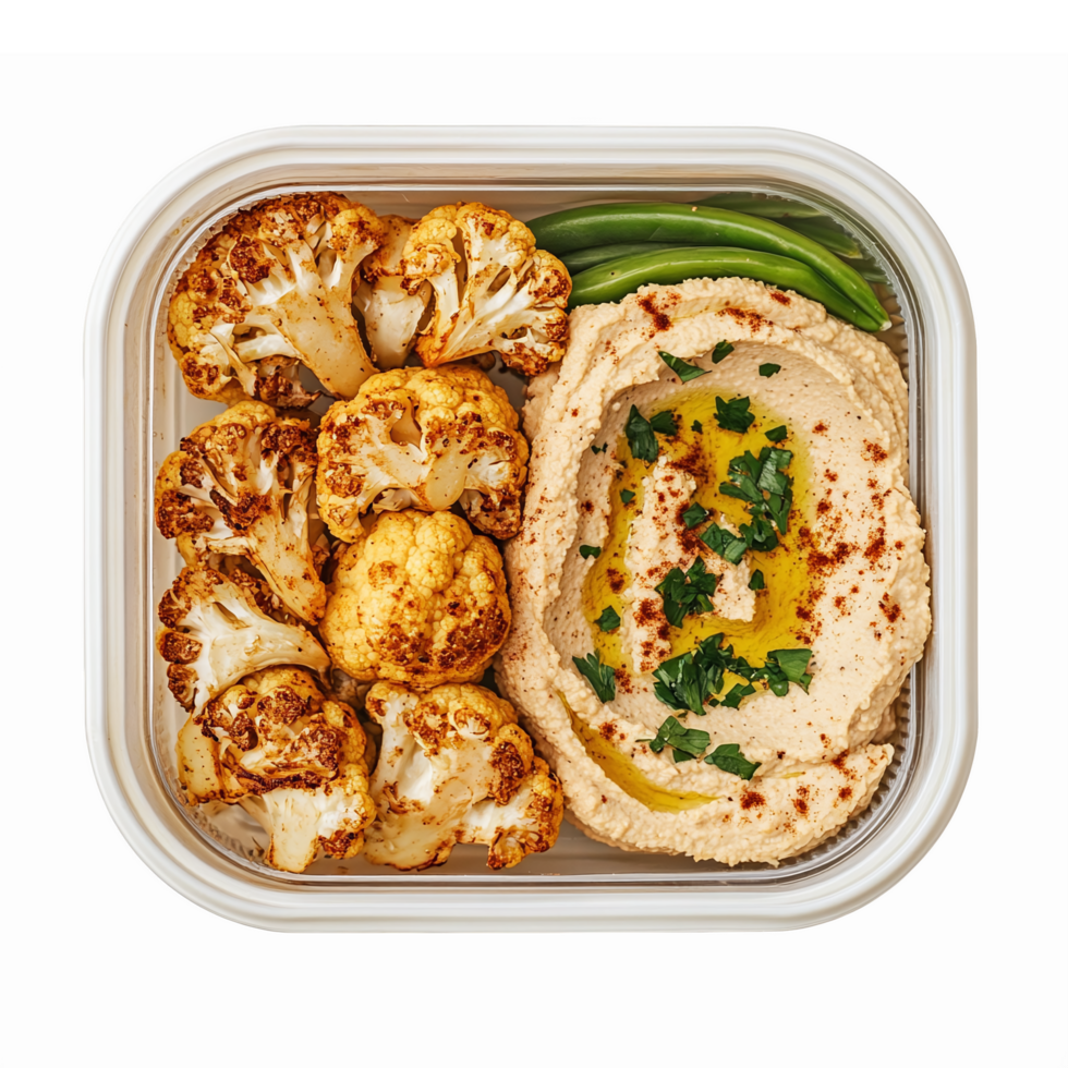 Healthy Roasted Cauliflower and Hummus Meal Prep with Green Beans in Container png