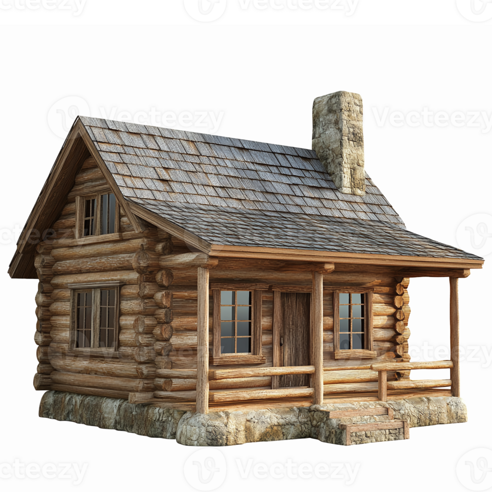 Rustic Log Cabin House with Stone Foundation and Chimney for Cozy Mountain Retreats png
