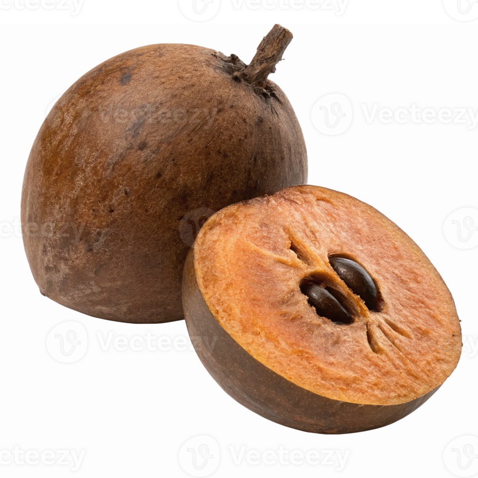 Sapodilla Fruit Whole and Sliced Showing Brown Flesh and Black Seeds with Transparent Background png