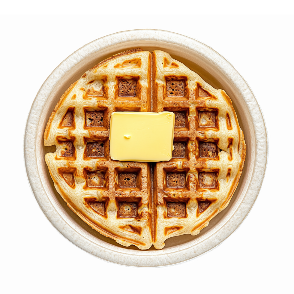 Delicious Golden Waffle Topped with Butter in Round Serving Dish with Transparent Background png