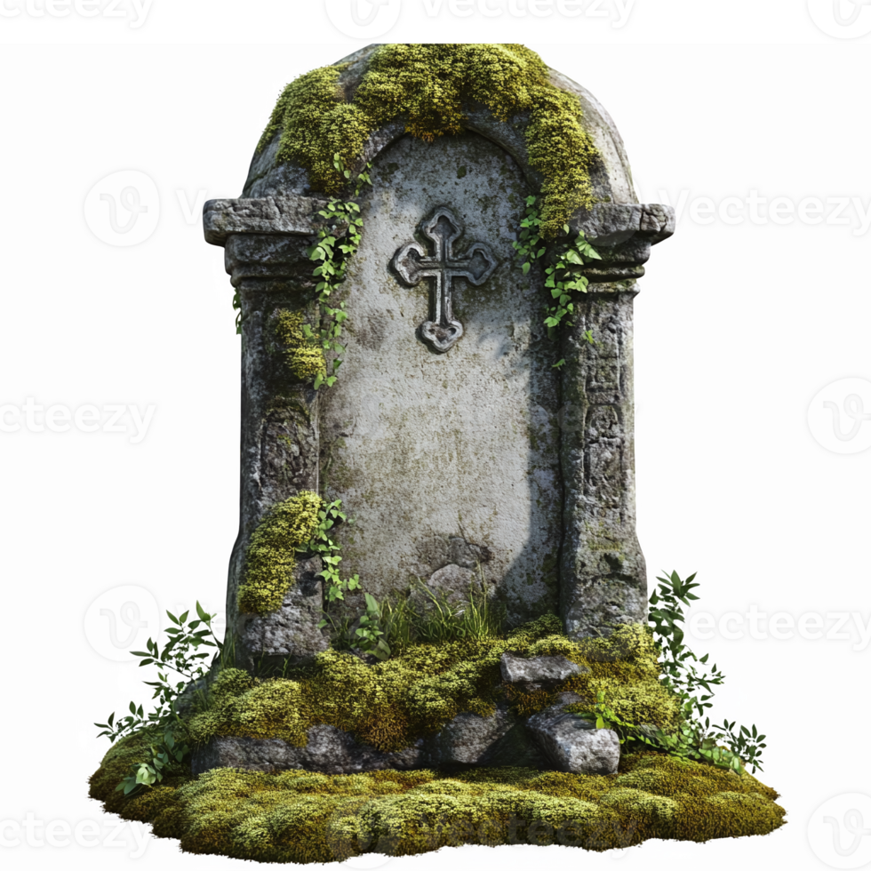 Ancient Weathered Cemetery Tombstone Covered in Moss with Cross Symbol on a Transparent Background png