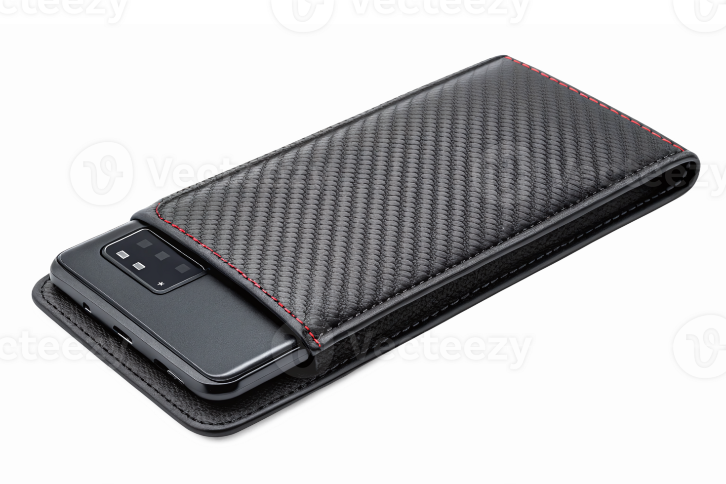 Sleek Black Carbon Fiber Smartphone Case with Red Stitching for Modern Mobile Protection png