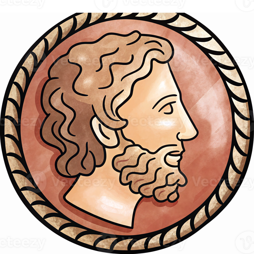 Ancient Greek Philosopher Bust Illustration with Circular Frame and Artistic Details png