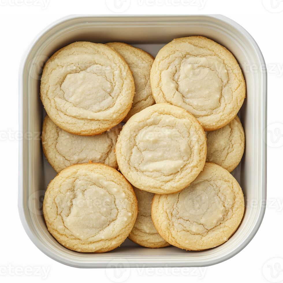 Delicious Homemade Sugar Cookies in a White Container with Soft Texture and Golden Edges png