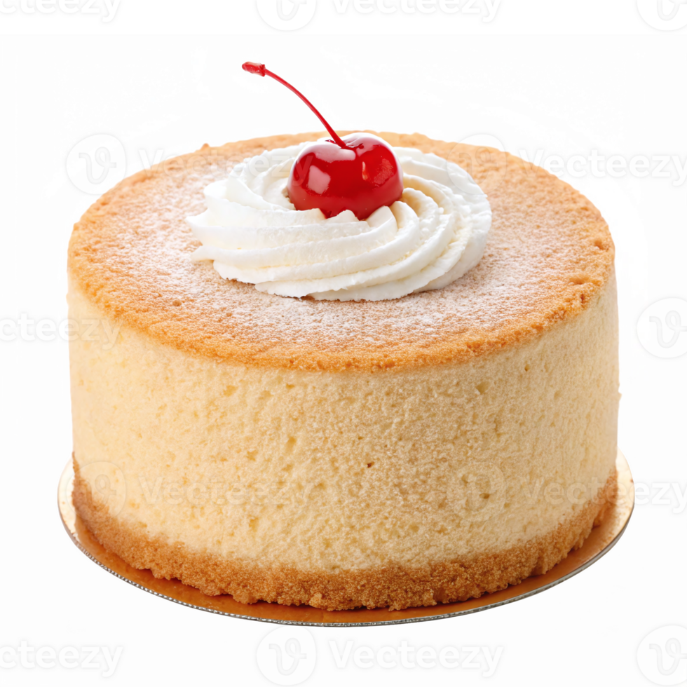 Delicious Creamy Cherry Topped Sponge Cake with Whipped Cream and Cherry Garnish png