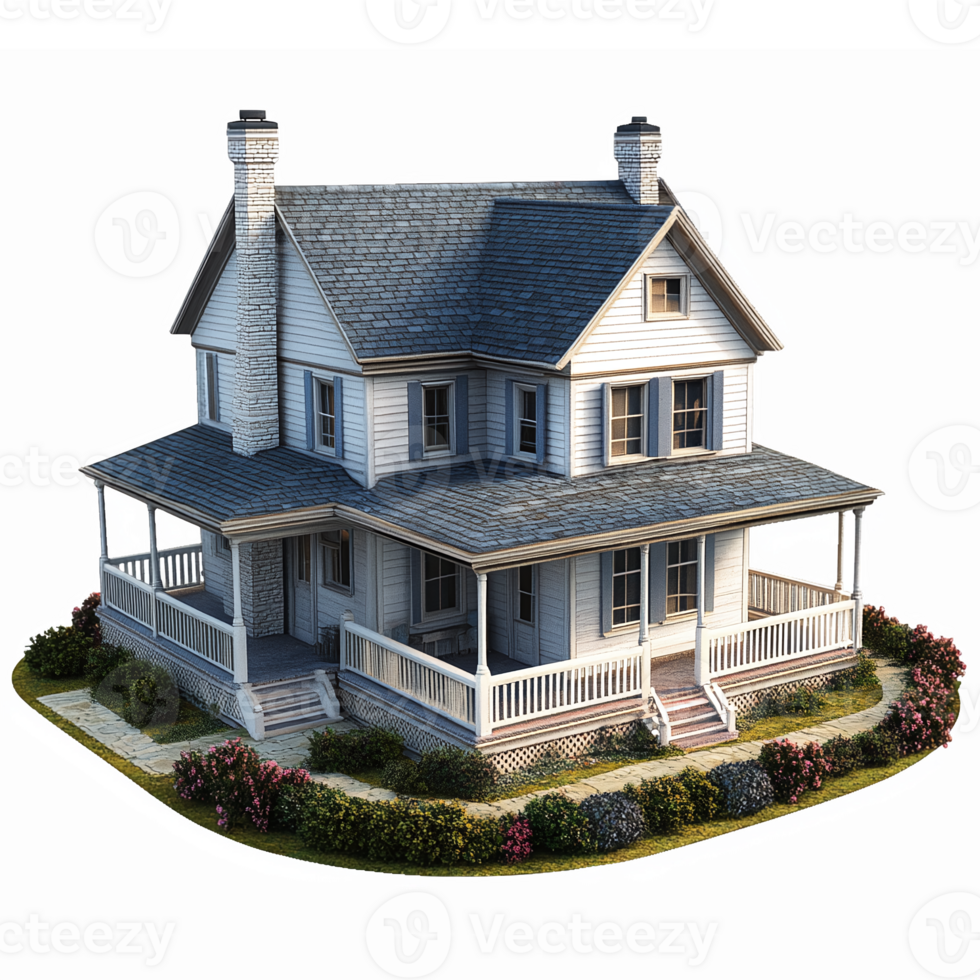 Charming Two Story House with Porch Surrounded by Lush Greenery and Colorful Flowers png