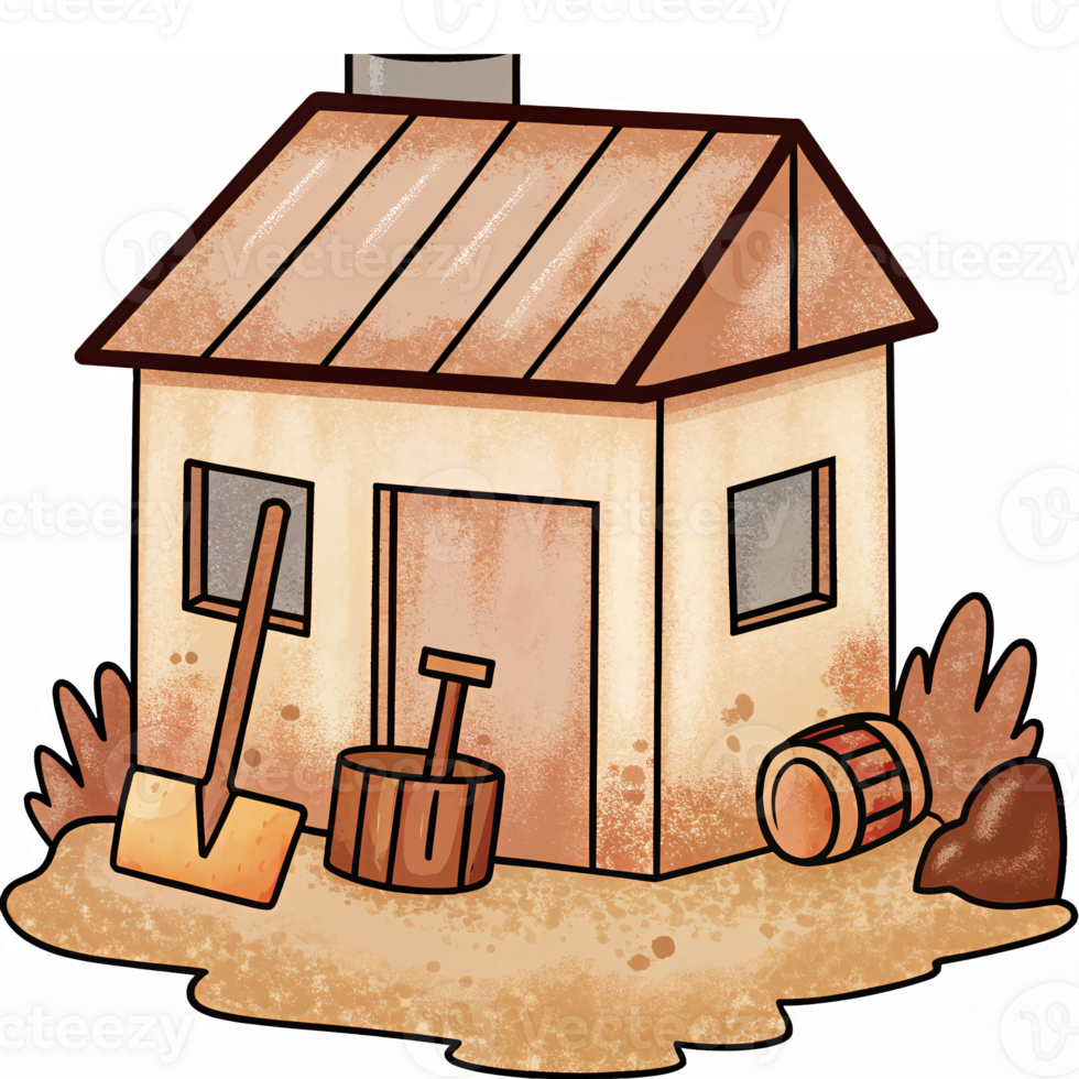 Charming Rustic House with Garden Tools and Barrels in a Farmyard Setting png