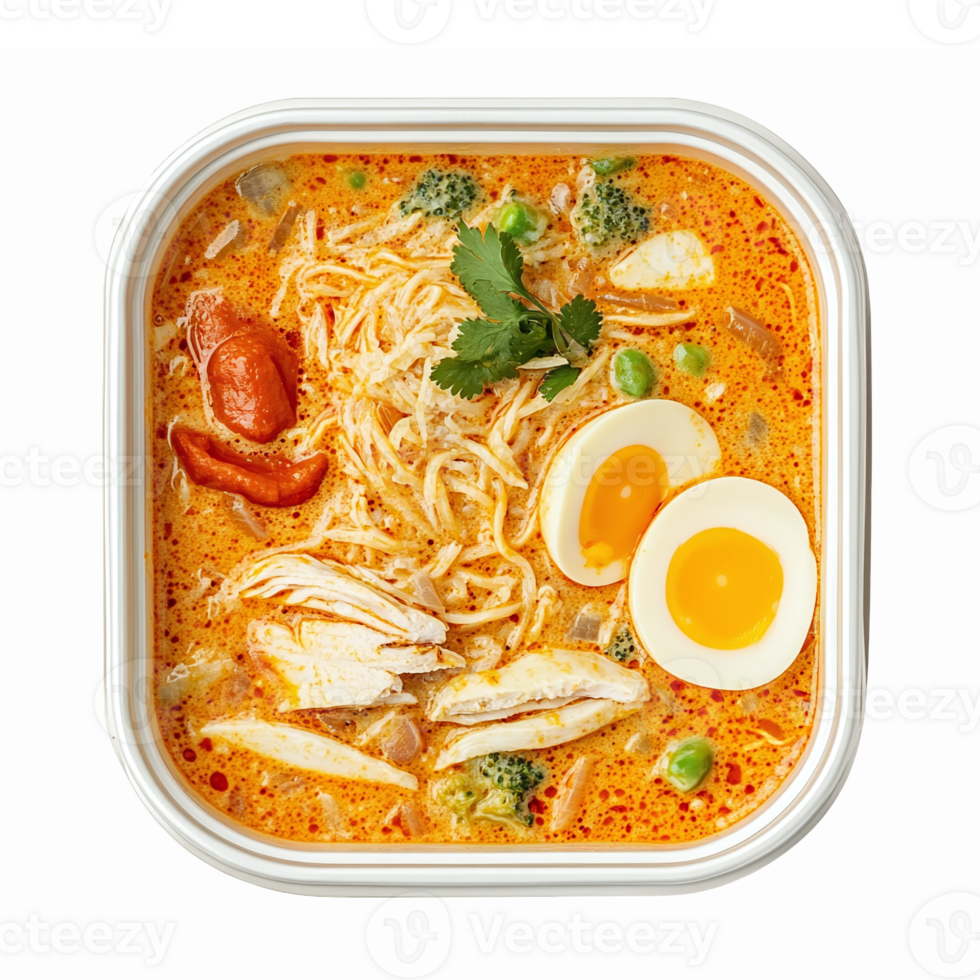 Delicious Creamy Chicken Noodle Soup with Broccoli and Soft Boiled Eggs in a Square Bowl png