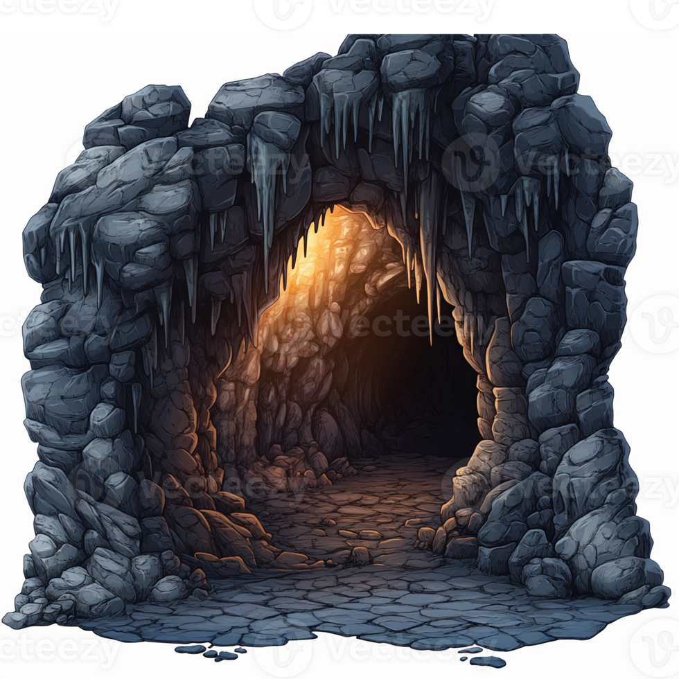 Detailed Cave Entrance with Glowing Light and Stalactites in a Dark Rocky Environment png