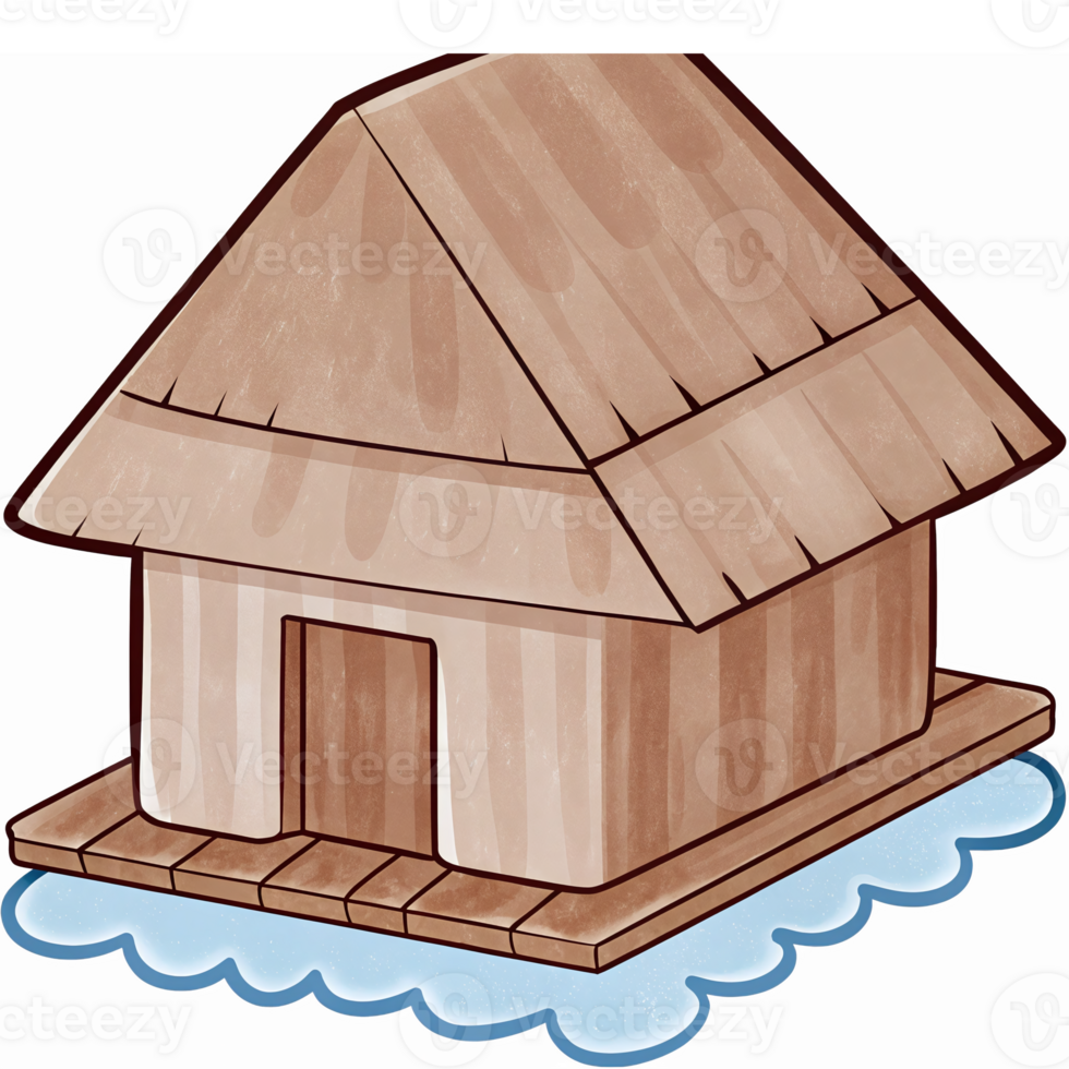 Rustic Wooden House on Water with Thatch Roof Ideal for Tropical Landscape Designs png