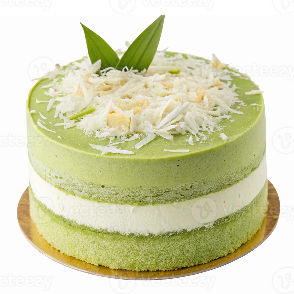 Lush Green Layered Cake with Coconut Topping and Decorative Leaves on a Plate png