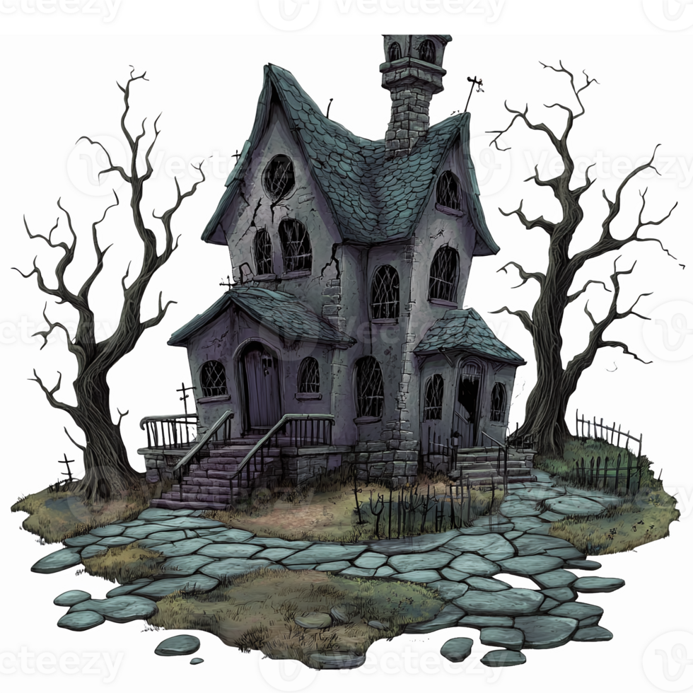 Haunted Victorian House Surrounded by Gnarled Trees and Eerie Pathway in Dark Atmosphere png