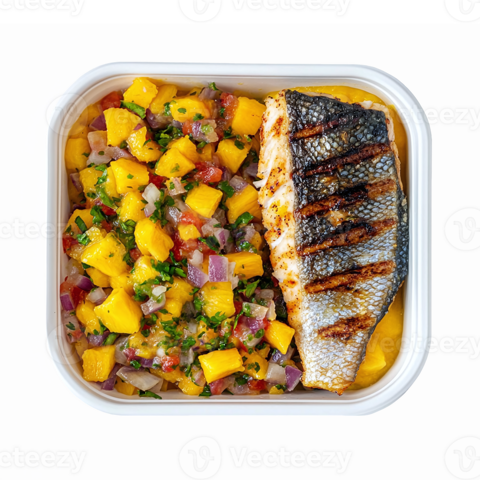 Grilled Fish with Mango Salsa Healthy Meal in Transparent Container png