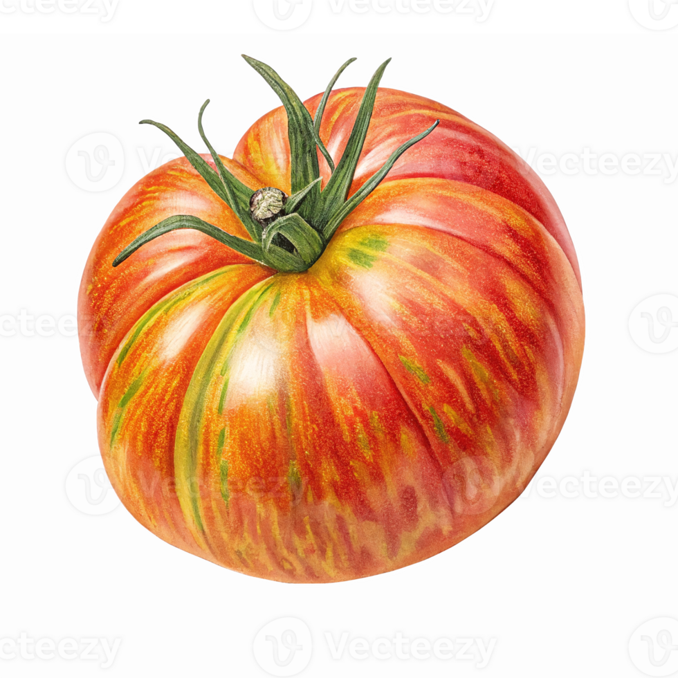 Realistic Red and Yellow Heirloom Tomato with Detailed Texture and Leaves on Transparent Background png