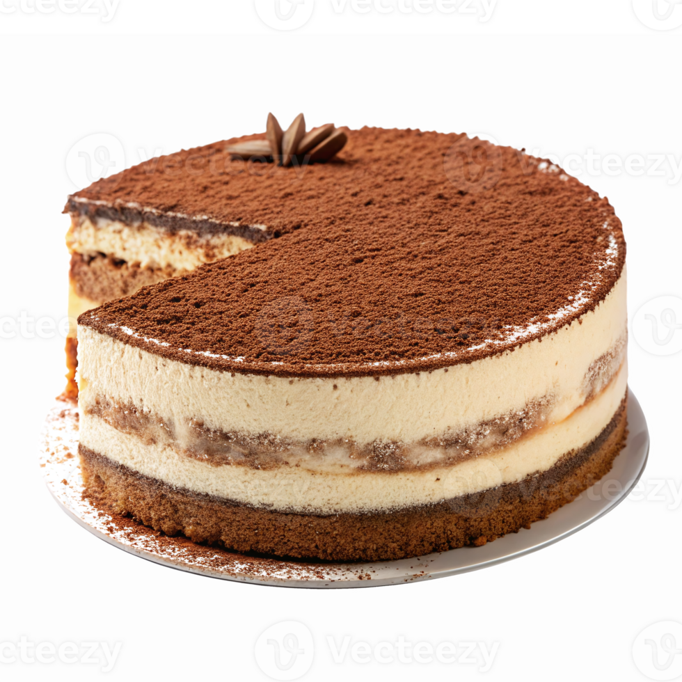 Delicious Chocolate Layered Cake with Creamy Filling Sliced for Serving and Topped with Cocoa png