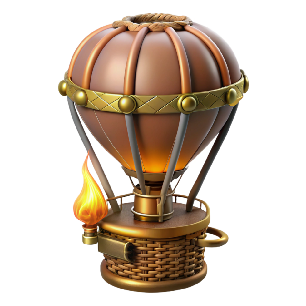 beautiful traditional Steampunk hot air balloon miniature with a wicker basket and brass burners authentic png