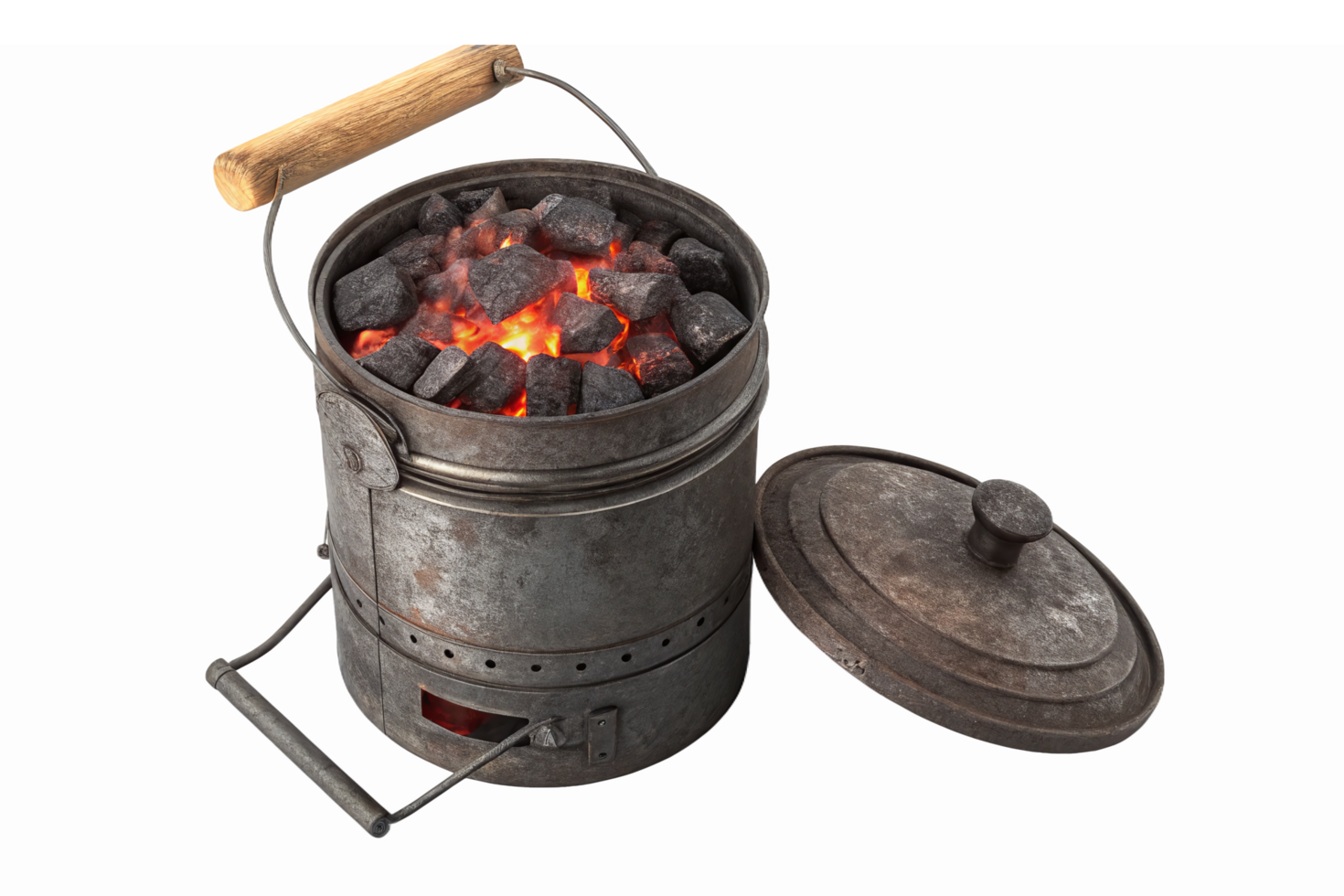 Realistic Charcoal Grill with Hot Coals and Metal Lid for Outdoor Cooking and Barbecue png