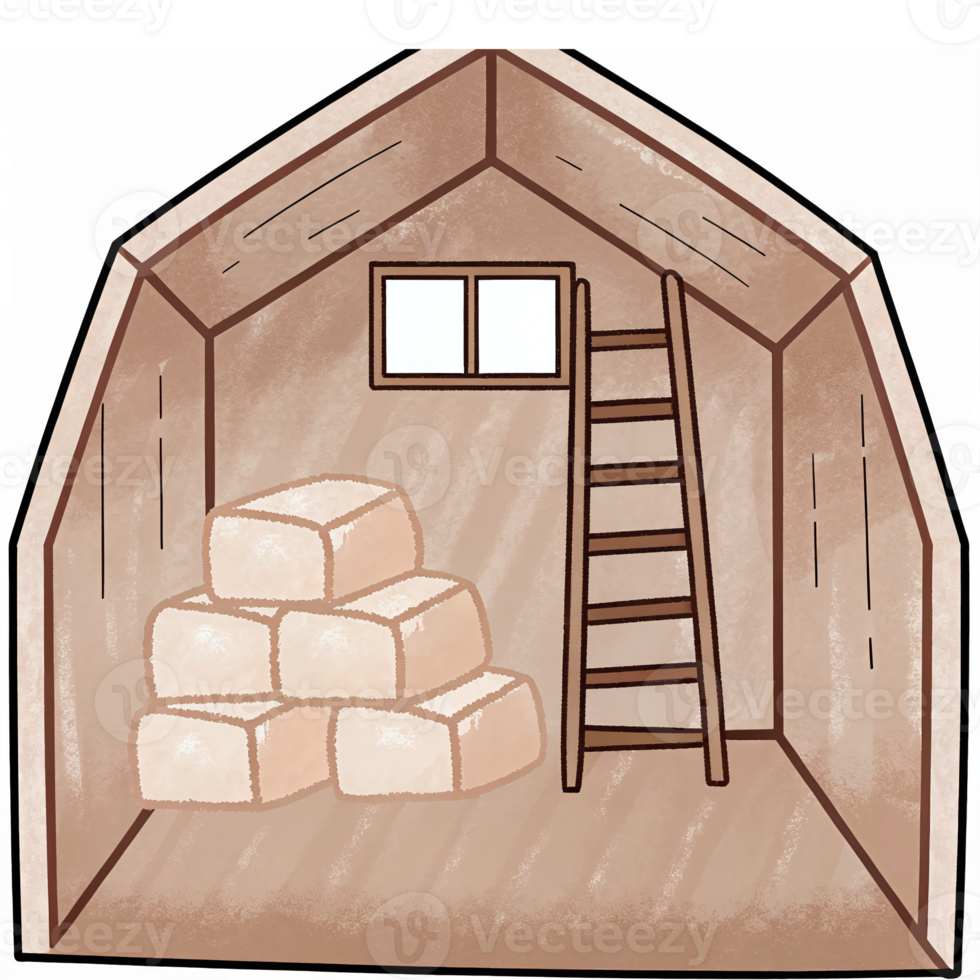 Cozy Rustic Barn Interior Featuring Stacked Hay Bales and Wooden Ladder Against Simple Wall png