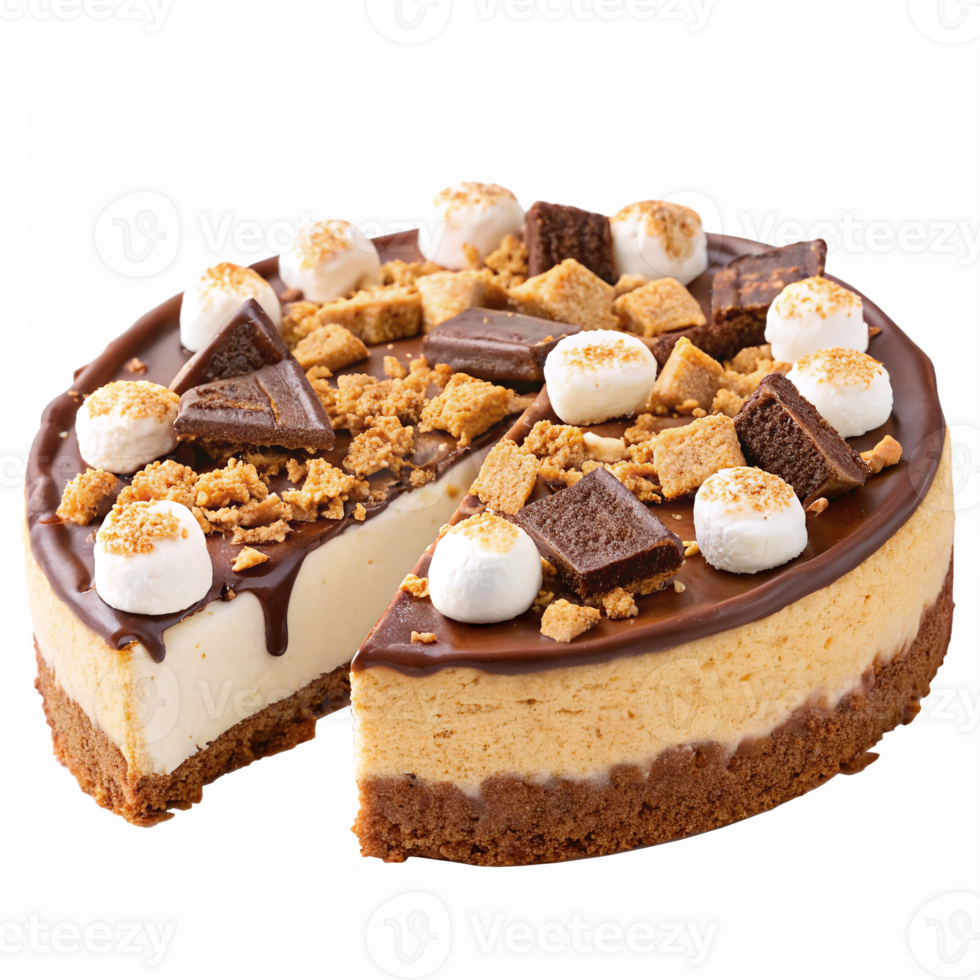 Delicious Chocolate Peanut Butter Cheesecake Dessert Sliced with Toppings on Transparent Background png