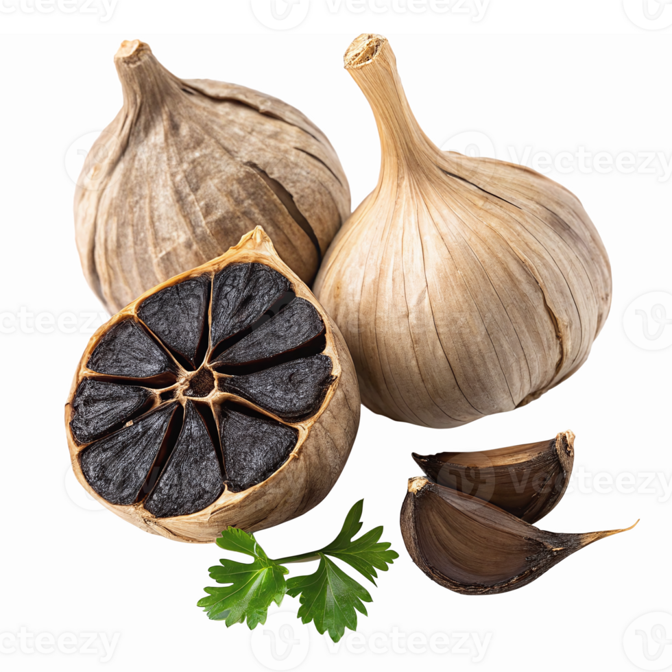 Black Garlic Cloves and Bulbs on Transparent Background for Culinary and Health Uses png