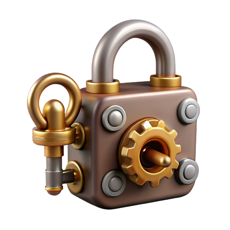 magnificent rustic Steampunk lock with intricate mechanisms and a brass key original png