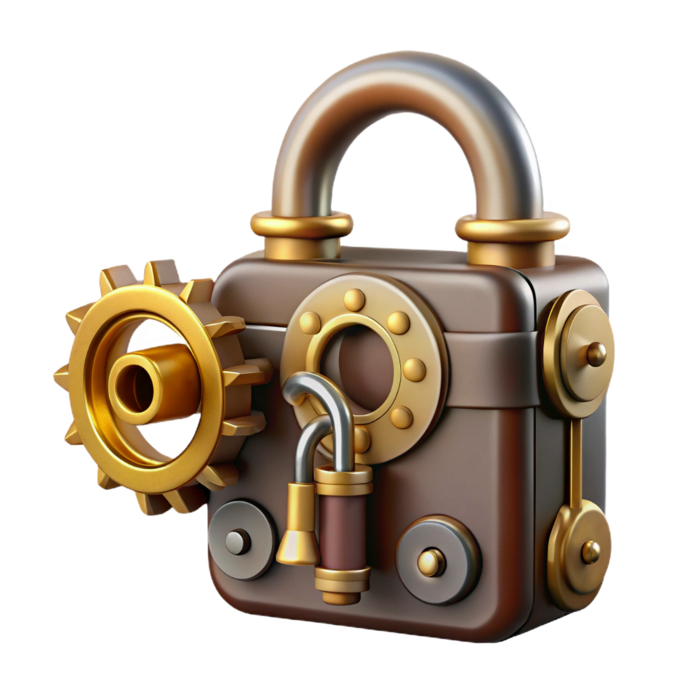 beautiful classic Steampunk lock with intricate mechanisms and a brass key high resolution png