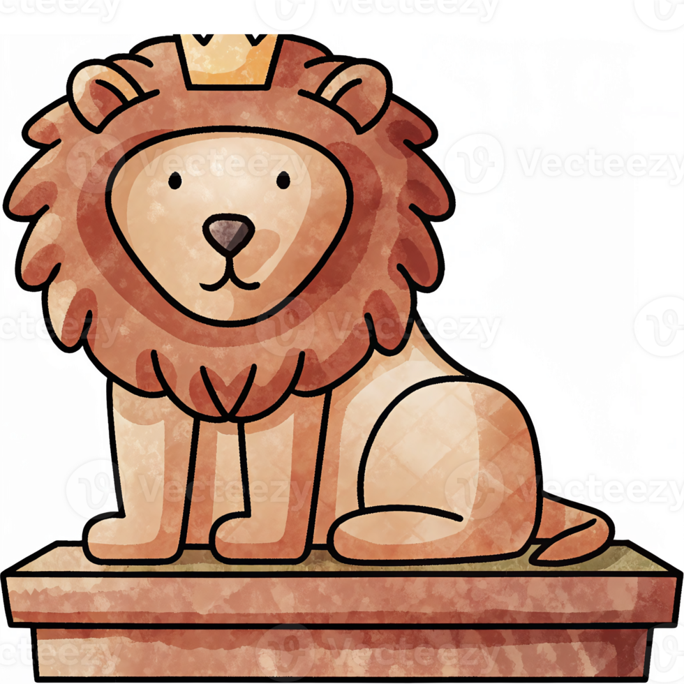Cute Cartoon Lion with Crown Sitting on Pedestal in Playful Illustration Style png