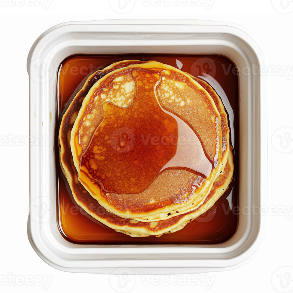 Stack of Fluffy Pancakes Drizzled with Maple Syrup in White Container with Transparent Background png
