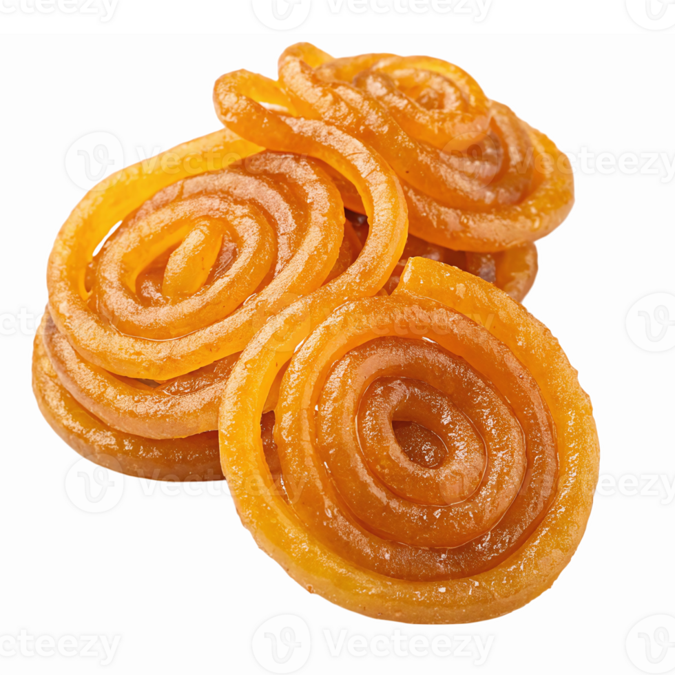 Delicious Indian Jalebi Dessert Sweets with Sweet Syrup and Golden Orange Color png