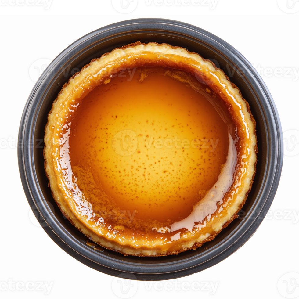 Delicious Caramel Flan Dessert with Smooth Golden Custard in Round Serving Dish png